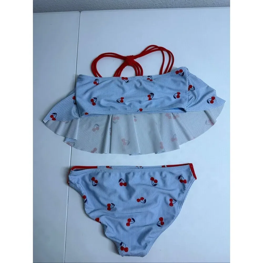 Tommy Hilfiger Girls Cherry Stripe Ruffle Bikini Swimsuit XL 16 UV Protection